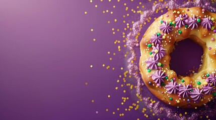 King Cake on a purple background, with puffs and highlights, suitable for design with copy space,...