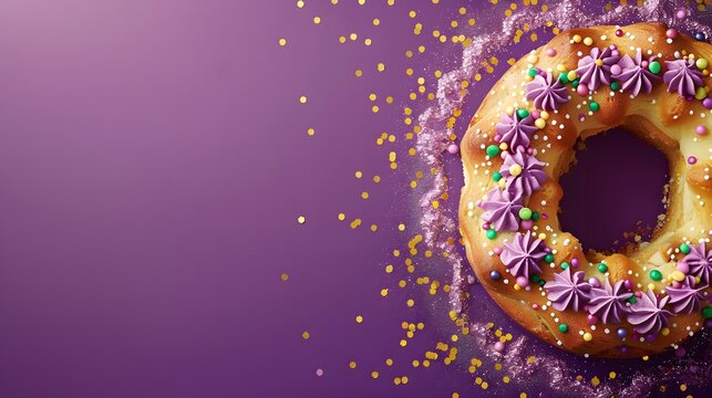 King Cake on a purple background, with puffs and highlights, suitable for design with copy space, Mardi Gras celebration.