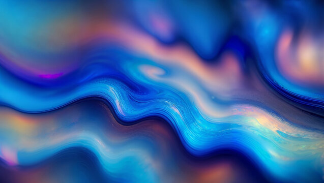 Colorful iridescent blue fluid water in motion with curves and turbulent flowing waves backdrop macro.