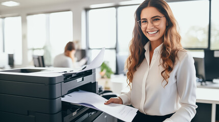 Cheerful businesswoman with glasses using a multifunction printer in a well-lit office space, handling paperwork efficiently.