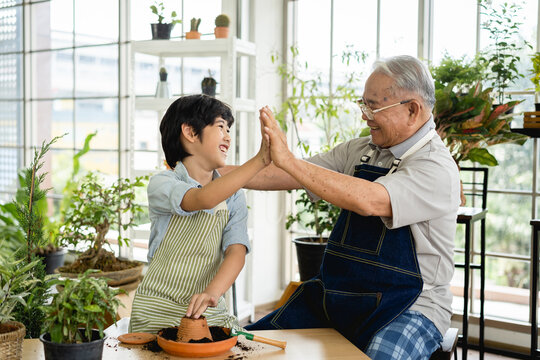 Grandfather gardening and teaching grandson take care  plant indoors while happiness together