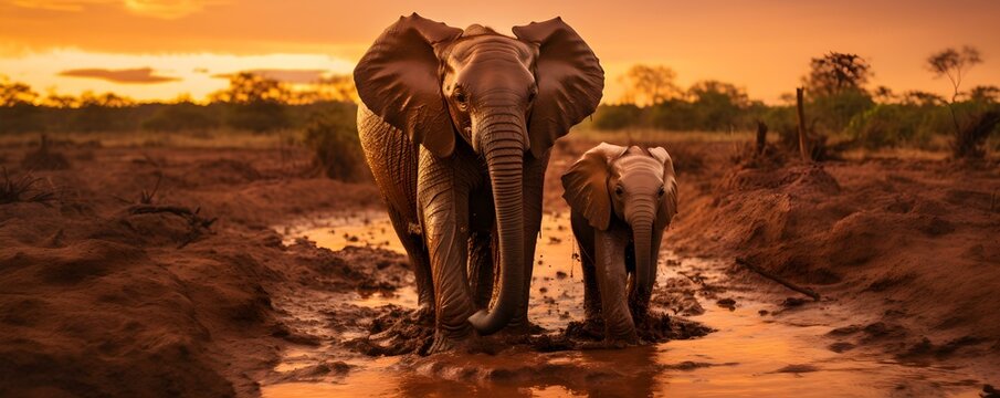 Baby elephant and mother stuck in mud at sunset in South Africa. Concept Wildlife Conservation, Elephant Rescue, Family Bonds, Natural Disasters, Environmental Impact