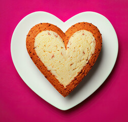 Heart shaped butter cake on white heart shaped plate against pink background, top view - 741632766