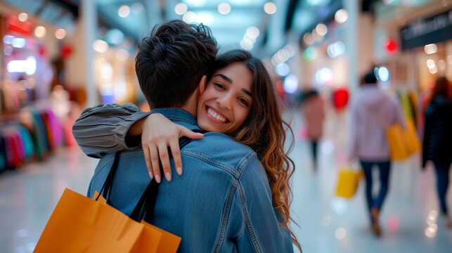 Couple in love shopping. Hugs in the shopping center - a romantic mood.