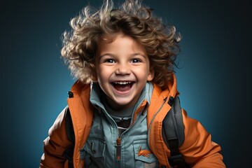 With a gleeful expression and a backpack in hand, a cheerful little bot embodies the spirit of going back to school, set against a vibrant blue background