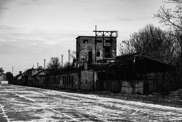Abandoned train station, black and white photo