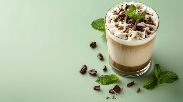 Peppermint mocha - mint mocha - a classic combination of chocolate, mint and coffee. On a light green background.