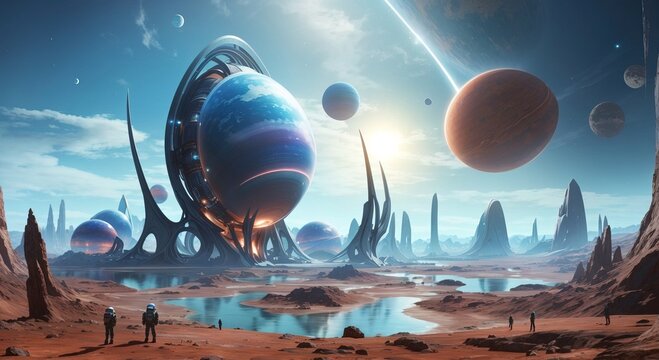 Alien planet landscape in the style of sci-fi art