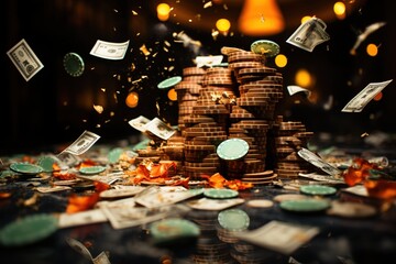 In a whirlwind of action, chips and money soar through the air in a casino, embodying the fast-paced and dynamic atmosphere of gaming