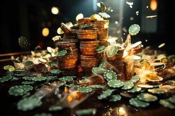 In a whirlwind of action, chips and money soar through the air in a casino, embodying the fast-paced and dynamic atmosphere of gaming