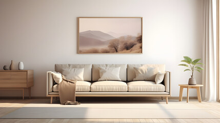 A horizontal poster frame mockup hanging on the pristine walls of a Scandinavian-inspired living room, enhancing the space with its understated beauty.