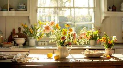 table with easter food - shining morning light and flowers
