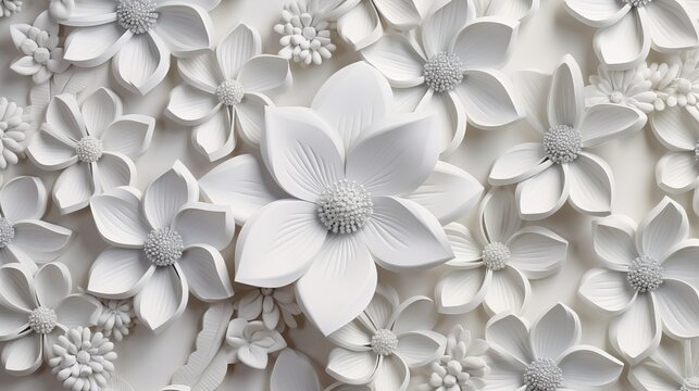 3D White jade flower on fabric background, wallpaper for walls