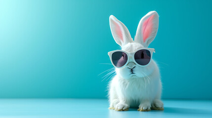 a cute white plastic bunny wearing sunglasses on a pastel background Minimal color still life photography