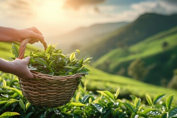 a man holding a basket of freshly picked tea leaves on a plantation, illustrating the harvesting and cultivation of tea. - obrazy, fototapety, plakaty