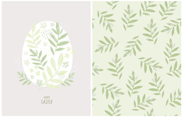 Easter Holidays Card and Floral Seamless Vector Pattern. Trendy Hand Drawn Art with White Egg, Green Flowers and Twigs on a Light Gray Background. Floral Repeatable Pattern with Green Leaves. 
