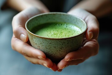 A close-up of a person's hands cradling a ceramic teacup filled with matcha tea symbolizing the meditative and mindful experience of drinking matcha.  - obrazy, fototapety, plakaty