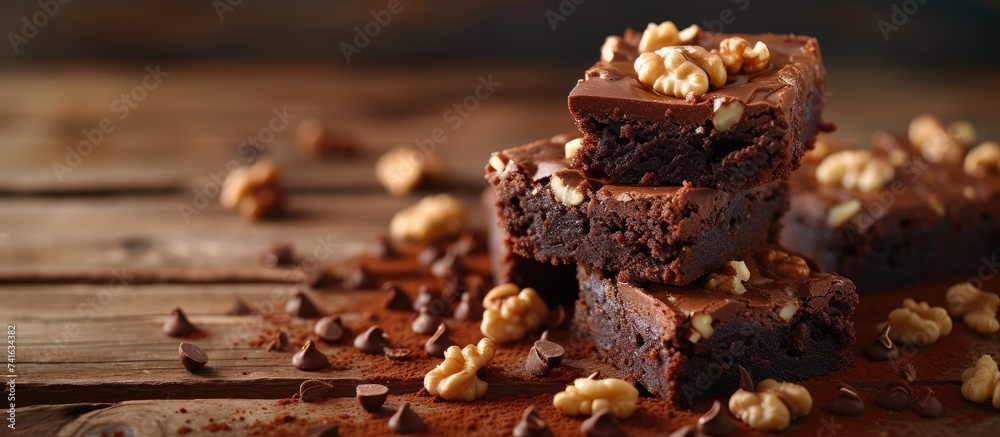 Leinwandbilder Chocolate spongy brownie cakes with walnuts and melted chocolate topping on a stack. with copy space image. Place for adding text or design