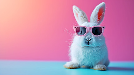 a cute white plastic bunny wearing sunglasses on a pastel background Minimal color still life...