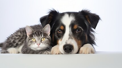 A patient Queensland Heeler mixed breed dog laying against a white backdrop and rolling his eyes up at a little kitten sitting on his head - obrazy, fototapety, plakaty