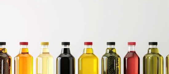 Various types of vegetable oil PET polyethylene terephthalate bottle and glass bottle isolated on white background. with copy space image. Place for adding text or design - obrazy, fototapety, plakaty