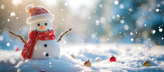 Snow man stands among piles of snow in the park snowman hanging a hat and ornaments with a little branch hand. with copy space image. Place for adding text or design