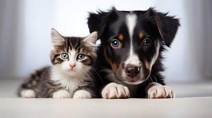 A patient Queensland Heeler mixed breed dog laying against a white backdrop and rolling his eyes up at a little kitten sitting on his head