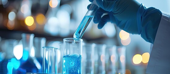 Researchers scientist working analysis with blue liquid test tube in the laboratory chemistry science or medical biology experiment technology pharmacy development solution. with copy space image - obrazy, fototapety, plakaty