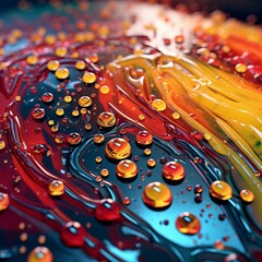 a close up of a colorful liquid with water drops on it
