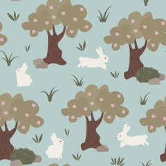 cute cartoon rabbit and trees springtime seamless vector pattern background illustration	