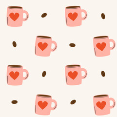 cute hand drawn seamless pattern with pink coffee cups with red hearts and coffee bean - 741634720