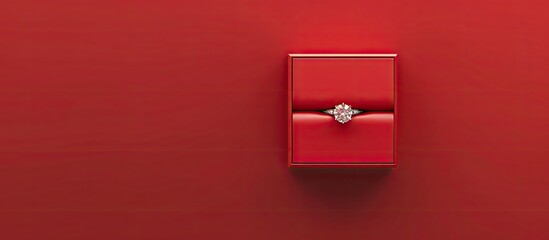 Engagement Diamond ring in a red box and present. with copy space image. Place for adding text or design - obrazy, fototapety, plakaty