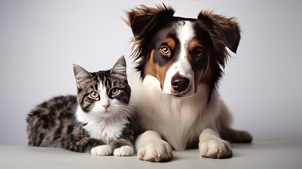 A patient Queensland Heeler mixed breed dog laying against a white backdrop and rolling his eyes up at a little kitten sitting on his head