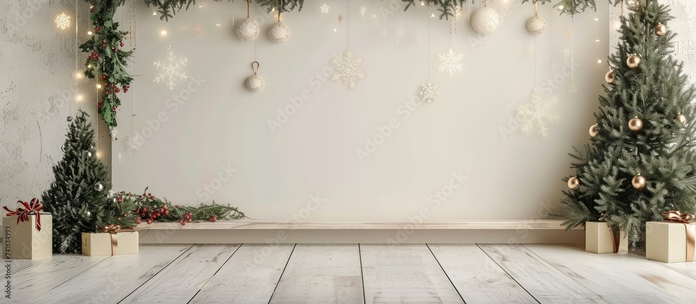Poster Empty wooden board in room decorated for New Year celebration space for design. with copy space image. Place for adding text or design