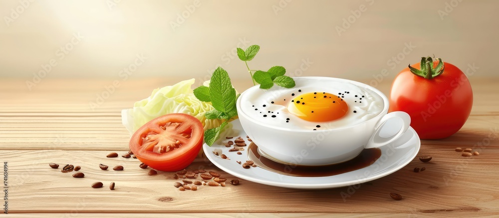 Poster healthy sandwich with fried egg tomato and cabbage breakfast table with sandwich and coffee. with co