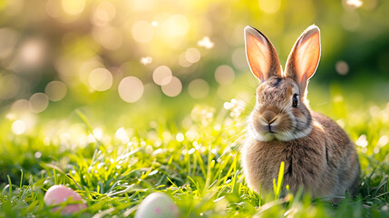 Fototapeta na wymiar Easter bunny on fresh spring sunny garden background of green grass and blurred foliage bokeh.