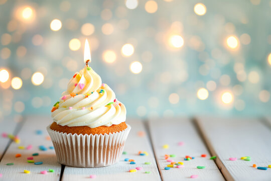 A vanilla cupcake with sprinkles and a lit candle, with bokeh lights in the background.