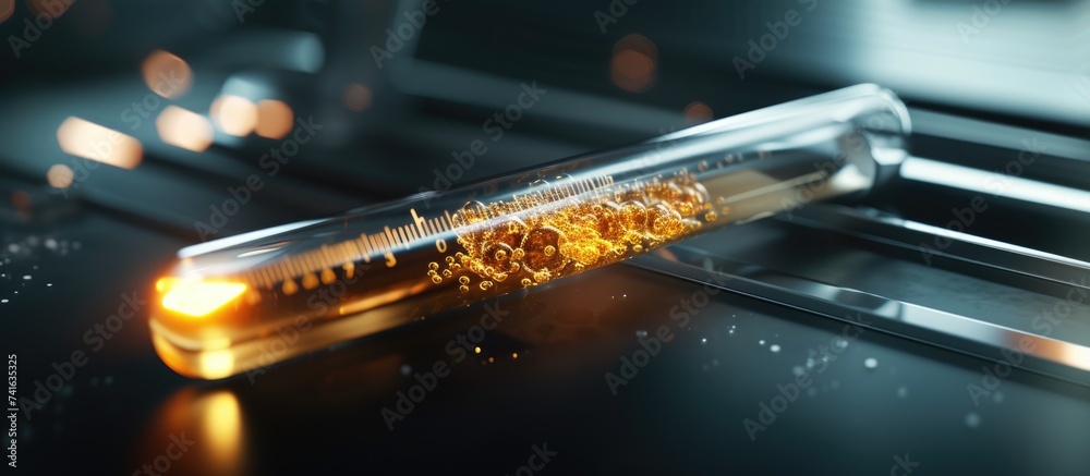 Poster Test tube with formula inside in arm Macro image with selective. with copy space image. Place for adding text or design