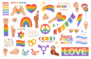 LGBT sticker pack. LGBTQ pride community rainbow elements. Pride month. Gay parade celebration. Vector illustration in hand drawn style 
