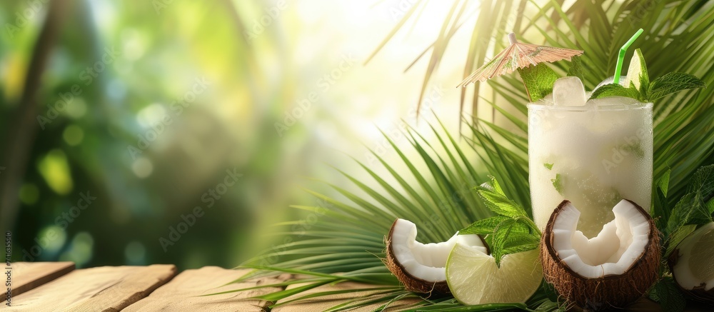 Aufkleber tropical caribbean cocktail mojito with coconut cream and hard seltzer. with copy space image. place