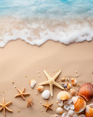 Fototapeta na wymiar Illustration of a sandy beach with collections of shells and starfish as a natural textured background, copy space, nice color, and unusual background.