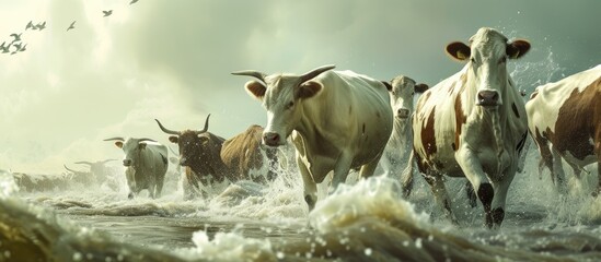 Herd of cows re walking on river because global warming and El Nino effect. with copy space image. Place for adding text or design - obrazy, fototapety, plakaty