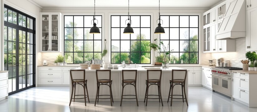 Elegant kitchen with big windows white cupboards and kitchen island and modern white chairs. with copy space image. Place for adding text or design