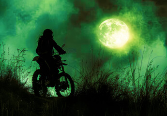 Naklejka premium Motorcyclist's Moonlit Ride on a Dirt Bike.