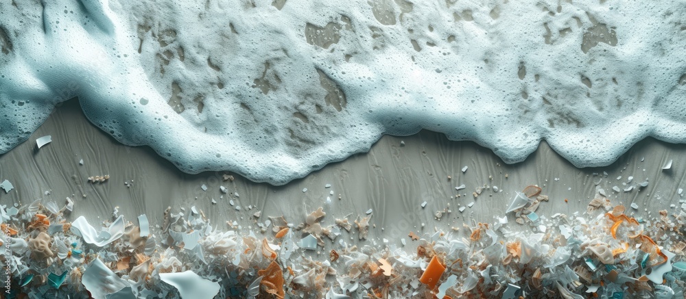 Poster close up side shot of hands shows microplastic waste contaminated with the seaside sand microplastic