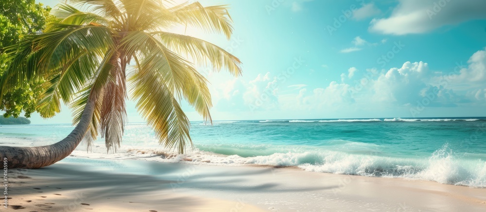 Aufkleber tropical beach with coconut palm. with copy space image. Place for adding text or design