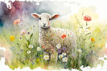 Tuinposter Watercolour painting of a cute lamb lamb on the lawn with flowers. For easter and spring greeting cards. Generative AI © Yaroslav