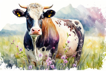 Watercolour painting of a cute cow on the pasture. Cow in a rural meadow among flowering grasses....