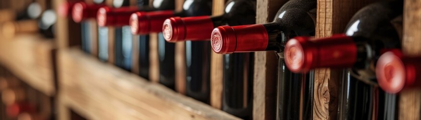 Red and white wine in bottles in wine shop - obrazy, fototapety, plakaty
