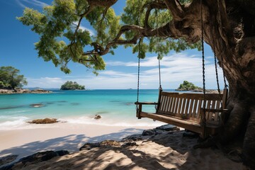 As the sun dips below the horizon, a panoramic scene of a tropical beach unfolds, showcasing a hanging swinging chair swaying gently in the evening breeze, creating a peaceful and inviting ambiance